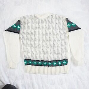 VTG 80s Justin Blake Men's Crew Neck Sweater M White Geometric Pattern Acrylic